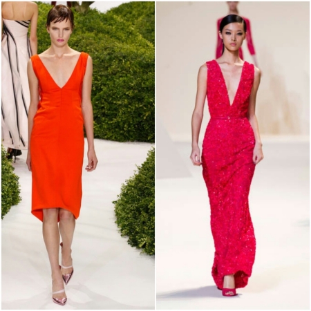 Dior red V-neck dress, via and  Ellie Saab hot pink V-neck gown, via